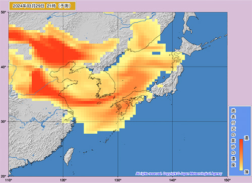 黄砂が多い地域：大阪、福岡、広島など西日本や東北地方での状況