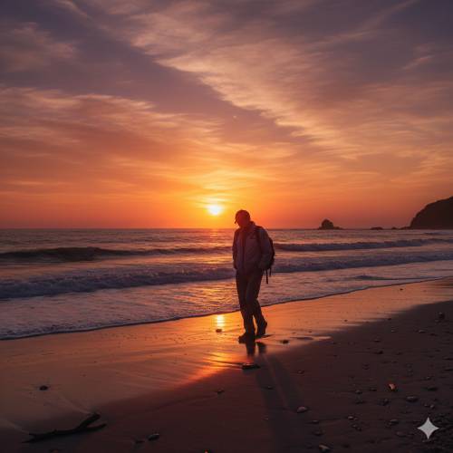 生成AIが作成した「「夕焼けの海辺を歩く男性」」の画像