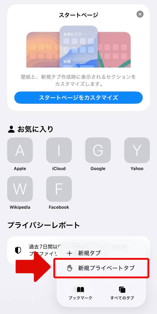 「新規プライベートタブ」をタップ