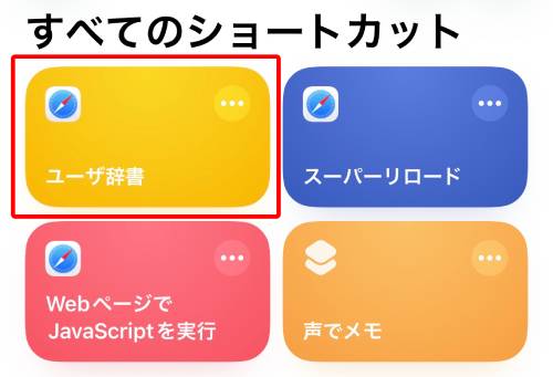 「すべてのショートカット」に追加される（※分かりやすいよう名称を「ユーザ辞書」に変更）