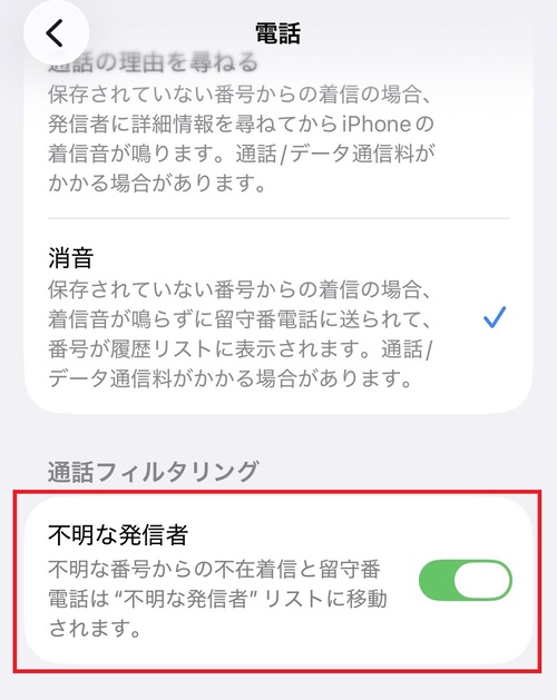電話アプリの設定画面が表示されるので、”通話フィルタリング”の「不明な発信者」をオンにします。