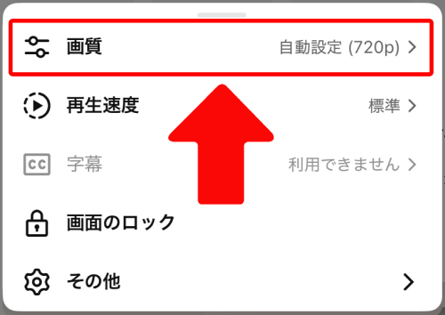 画面下部に表示されたメニューから「画質」をタップ
