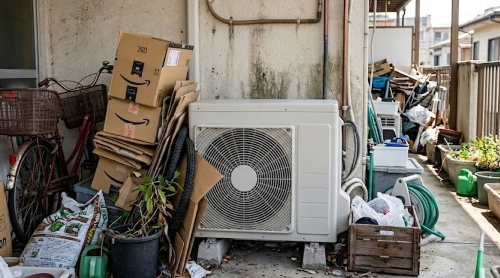 周りに物が散乱した室外機