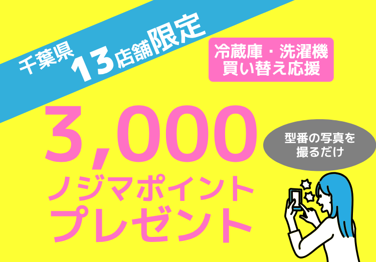 【千葉県】13店舗限定！型番写真を撮影すれば各3,000ポイントプレゼント！冷蔵庫・洗濯機を買い替えで のアイキャッチ