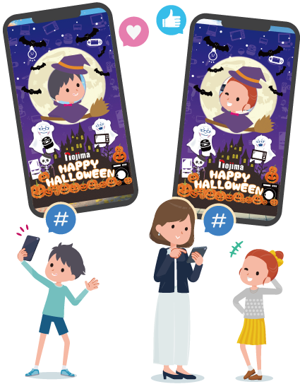 arフレームを使って写真を撮る人たちのイラスト-SP表示