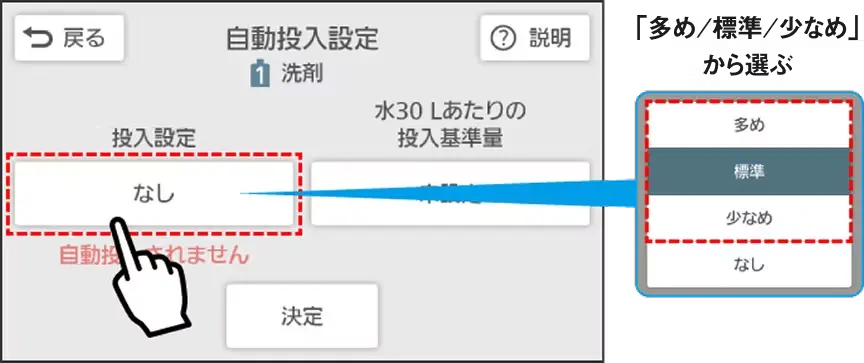 投入量を設定して決定を押す画面