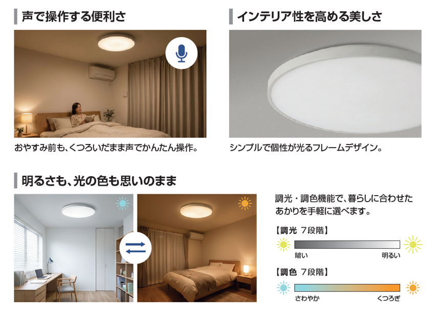 声で操作する便利さ、インテリア性を高める美しさ、明るさも光の色も思いのまま。調光・調色は各7段階。